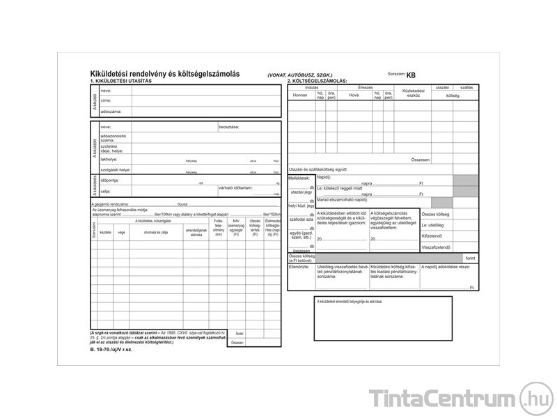 Kiküldetési utasítás és költségelszámolás, A4, fekvő, 25x2lap, B.18-70/V 10tömb/csomag