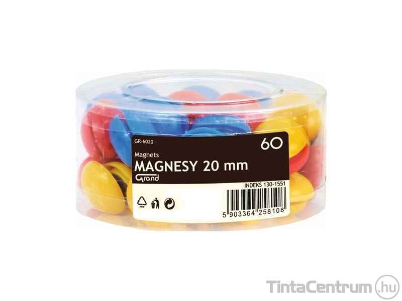 Mágnes, kerek, 20mm, GRAND, vegyes színek 60db/csomag