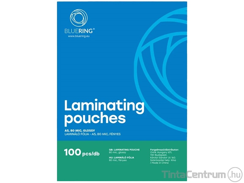 Meleglamináló fólia, A5, 80mn, fényes, BLUERING 100db/csomag