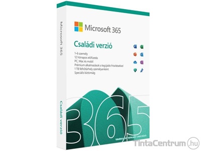 Microsoft 365 Családi verzió, 6 személy, 1 éves előfizetés, dobozos, medialess