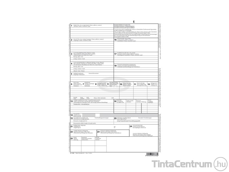 Nemzetközi CMR fuvarlevél, A4, álló, 6 példányos, B.CMR