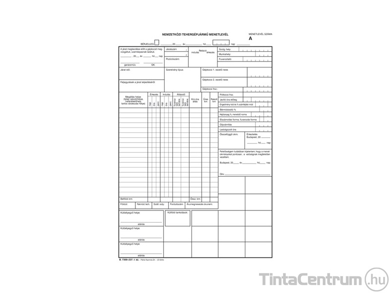 Nemzetközi tehergépjármű menetlevél szabadlap, A4, álló, B.7300-237