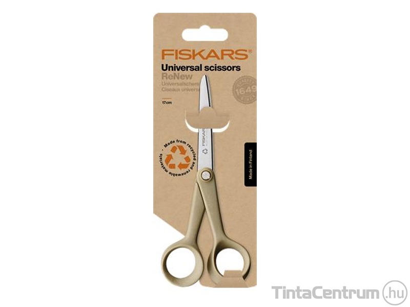 Olló, 17cm, papírvágó, FISKARS "ReNew", natúr