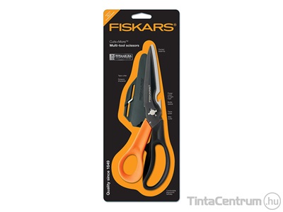 Olló, 23cm, multifunkciós, FISKARS "Cuts and More", narancssárga-fekete