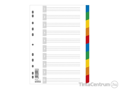 Regiszter, műanyag, A4, 10 részes, DONAU, fehér, színes fülekkel