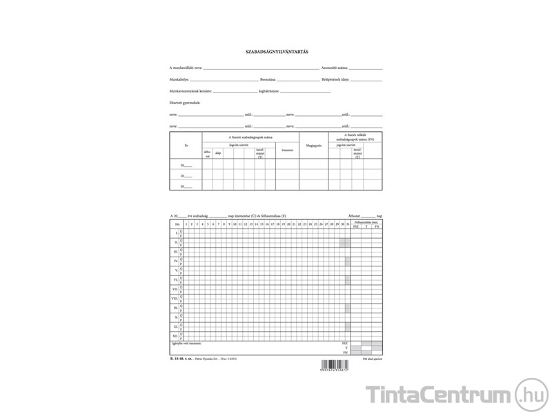 Szabadságnyilvántartás szabadlap, A4, álló, B.18-48
