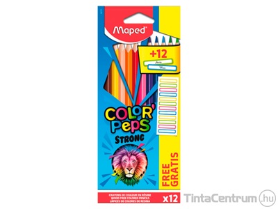 Színes ceruza készlet, háromszögletű, MAPED "Color`Peps Strong", 12 különböző szín + 12 matrica