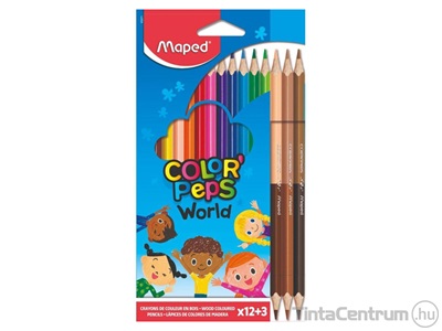 Színes ceruza készlet, háromszögletű, MAPED "Color`Peps World", 12 különböző szín + 3 kétvégű bőrtónus ceruza