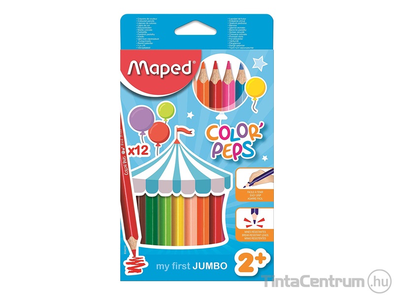 Színes ceruza készlet, háromszögletű, vastag, MAPED "Jumbo", 12 különböző szín