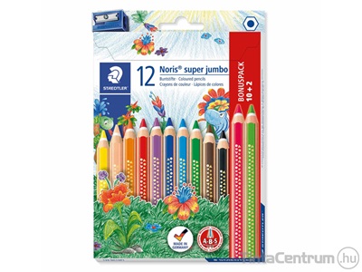 Színes ceruza készlet, háromszögletű, vastag, STAEDTLER "Noris Super Jumbo", 10+2 különböző szín +hegyező