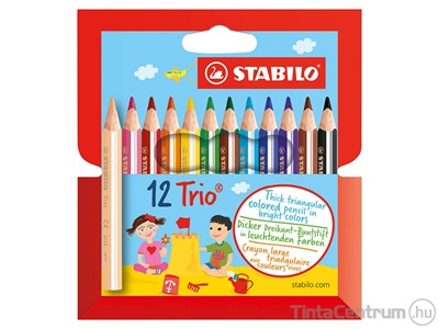 Színes ceruza készlet, háromszögletű, vastag, rövid, STABILO "Trio", 12 különböző szín