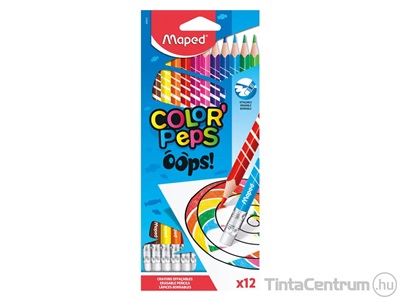 Színes ceruza készlet, háromszügletű, radírozható, MAPED "Color`Peps Oops", 12 különböző szín