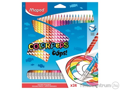 Színes ceruza készlet, háromszügletű, radírozható, MAPED "Color`Peps Oops", 24 különböző szín