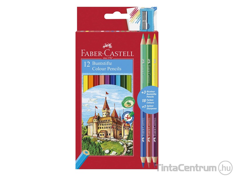 Színes ceruza készlet, hatszögletű, FABER-CASTELL, 12 különböző szín +3db bicolor ceruza