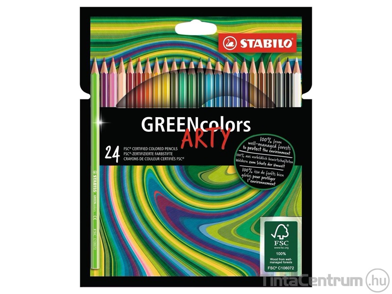 Színes ceruza készlet, hatszögletű, STABILO "GreenColors ARTY", 24 különböző szín