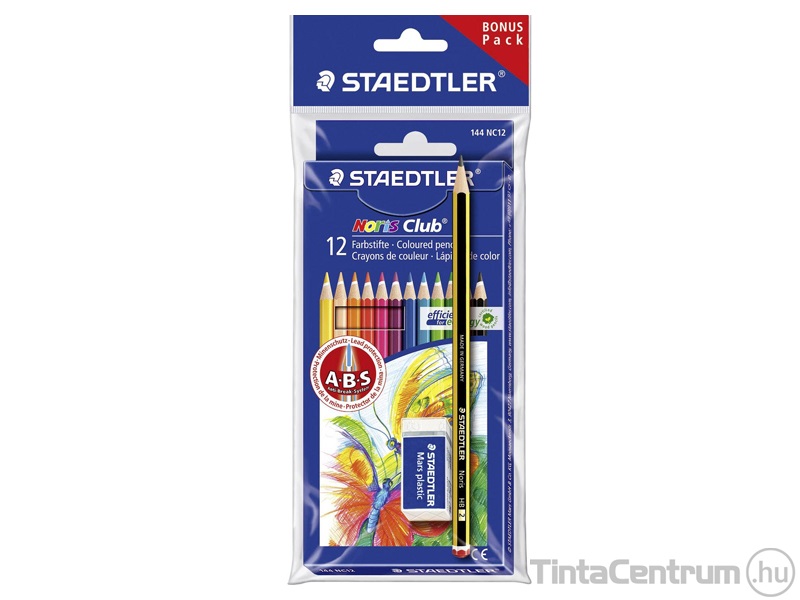 Színes ceruza készlet, hatszögletű, STAEDTLER "Noris Colour", 12 különböző szín +ajándék grafitceruza és radír