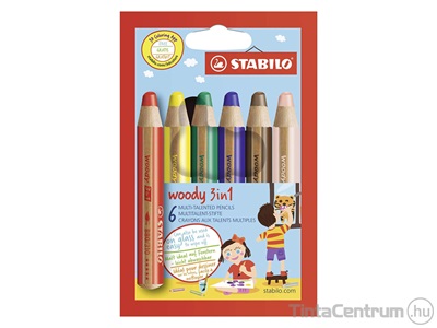 Színes ceruza készlet, vastag, STABILO "Woody 3 in 1", 6 különböző szín