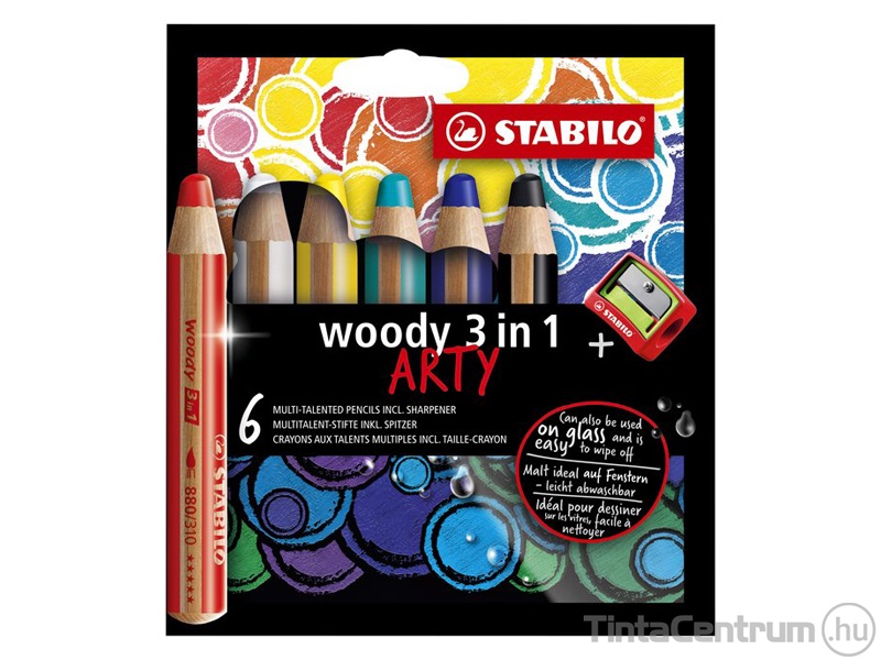 Színes ceruza készlet, vastag, STABILO "Woody ARTY 3 in 1", 6 különböző szín
