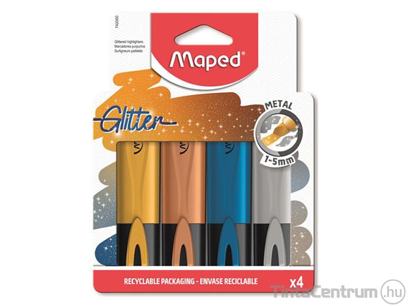 Szövegkiemelő készlet, 1-5mm, MAPED "Glitter Fluo Peps", 4 különböző metálfényű szín