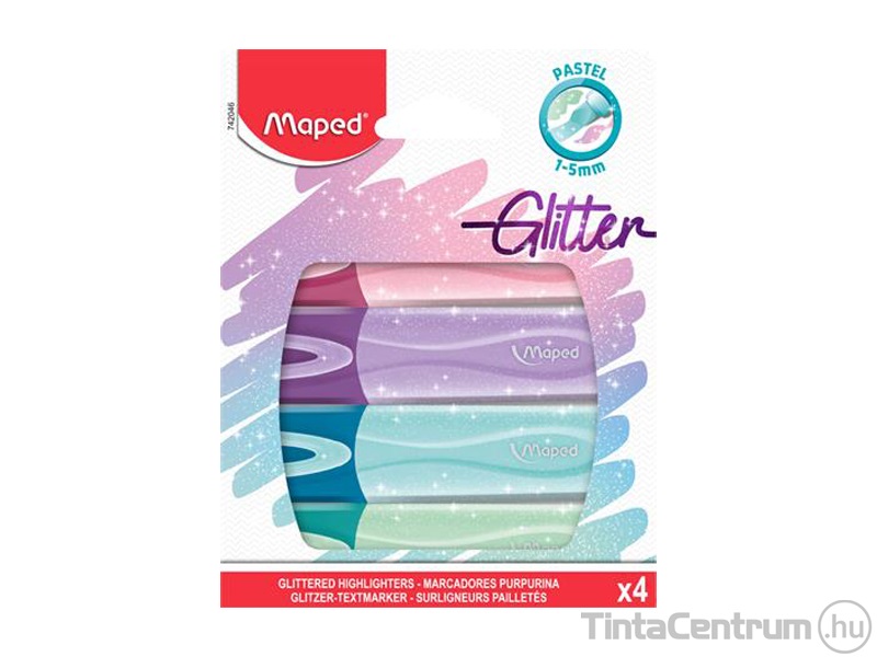 Szövegkiemelő készlet, 1-5mm, MAPED "Glitter Fluo Peps", 4 különböző pasztell szín