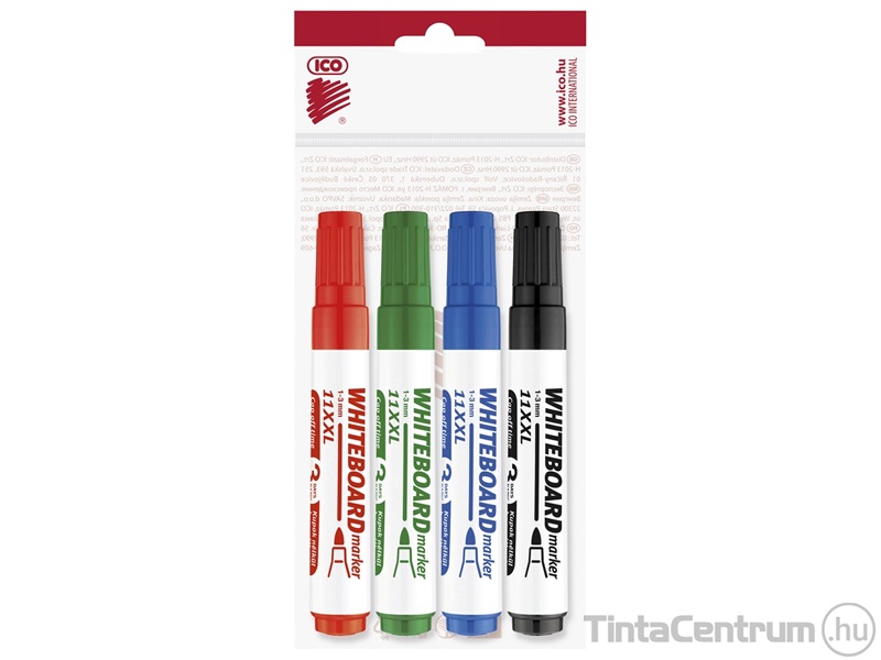 Tábla- és flipchart marker készlet, 1-3mm, kúpos, ICO "Plan 11 XXL", 4 különböző szín