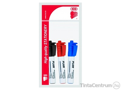 Tábla- és flipchart marker készlet, 1-3mm, kúpos, ICO "Plan", 3 különböző szín