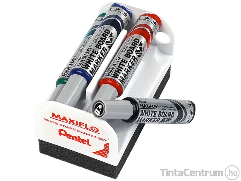 Táblamarker készlet, PENTEL "MAXIFLO", 4 különböző szín + törlő szett