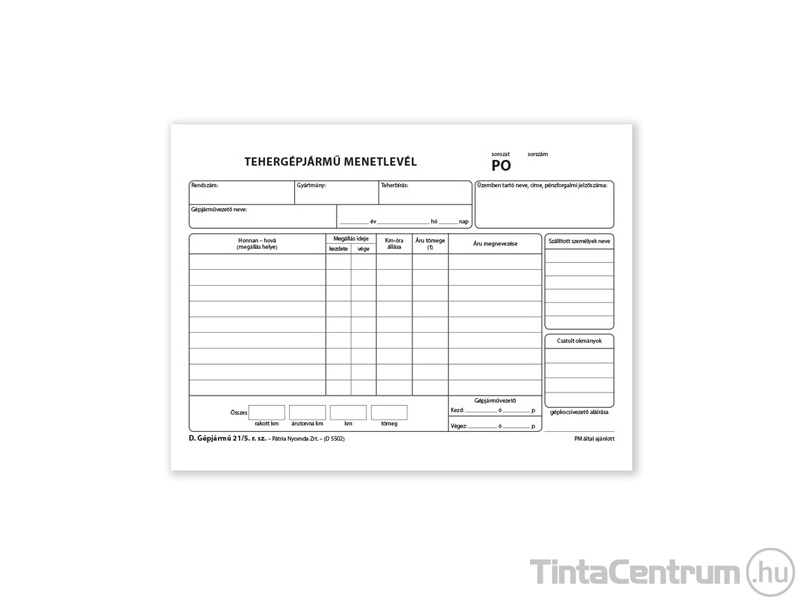 Tehergépjármű menetlevél, A5, fekvő, 100lap, D.GEPJ.21/5