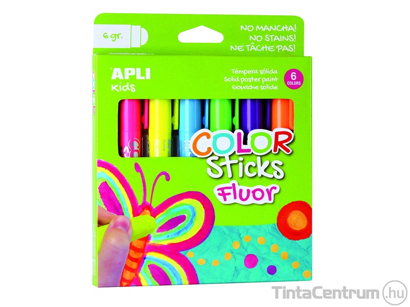 Tempera stift készlet, 6 szín, 6x6g, toll alakú, APLI "Kids", fluoreszkáló színek