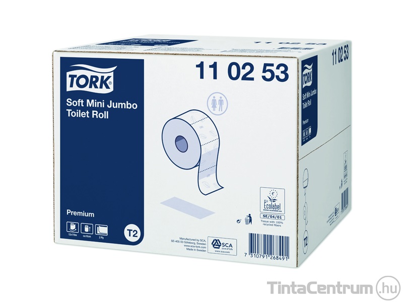 Toalettpapír, 2 rétegű, T2 rendszer, 19cm átmérő, 170m, TORK "Premium mini jumbo", extra fehér 12tekercs/csomag