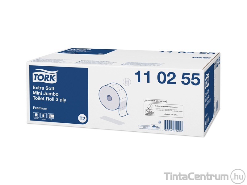 Toalettpapír, 3 rétegű, T2 rendszer, 19cm átmérő, TORK "Premium mini jumbo", extra fehér 12tekercs/csomag