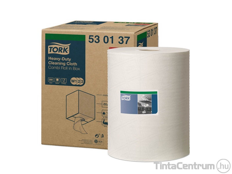 Törlőkendő, 1 tekercses, oldószeres tisztításhoz, 1 rétegű, 280lap, TORK "Premium Multipurpose Cloth 530", fehér