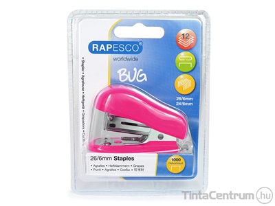 Tűzőgép, 24/6, 26/6, 12 lap, műanyag, RAPESCO "Bug Mini", pink