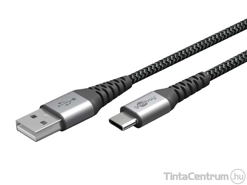 USB kábel, USB A - USB-C, flexibilis textil, 1m, GOOBAY,  asztroszürke-ezüst