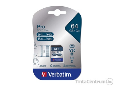 VERBATIM "PRO" SDXC kártya, 64GB, CL10/U3