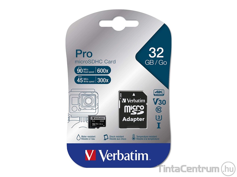 VERBATIM "PRO" microSDHC kártya, 32GB, CL10/U3 + adapter