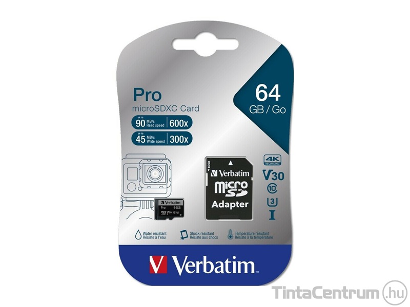 VERBATIM "PRO" microSDXC kártya, 64GB, CL10/U3 + adapter