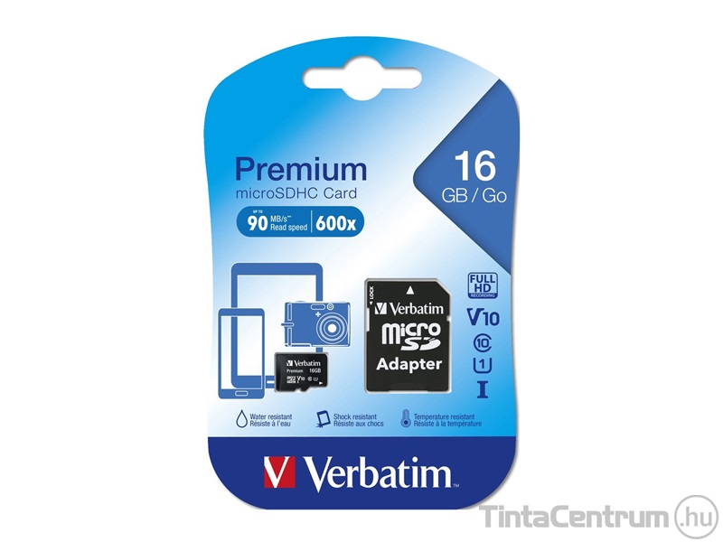 VERBATIM "Premium" microSDHC kártya, 16GB, CL10/U1 + adapter