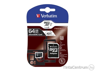 VERBATIM "Premium" microSDXC kártya, 64GB, CL10/U1 + adapter