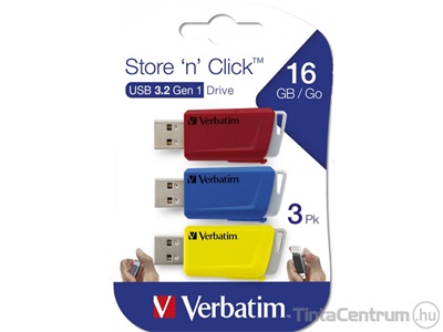 VERBATIM pendrive, 16GB, USB 3.2, "Store n Click", piros,kék,sárga  3db/csomag