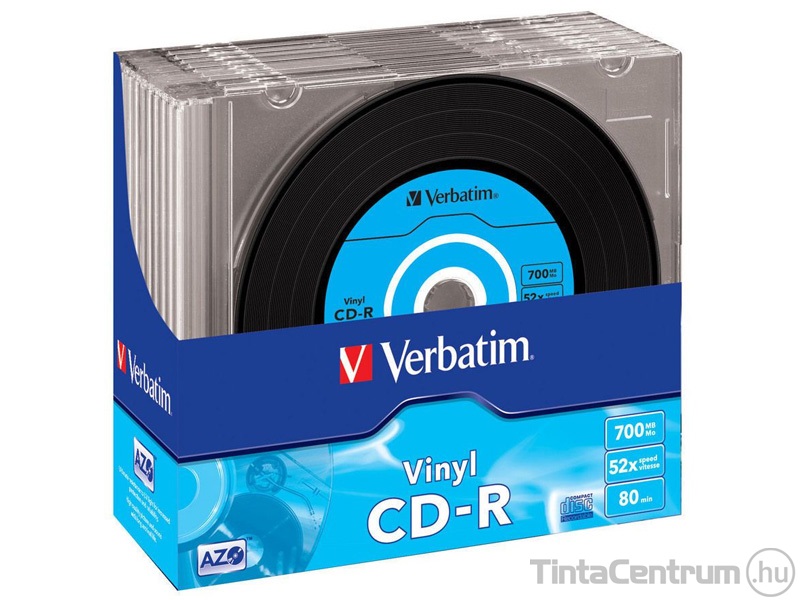 CD-R lemez, bakelit lemez-szerű felület, AZO, 700MB, 52x, vékony tok, VERBATIM "Vinyl" 10db/csomag