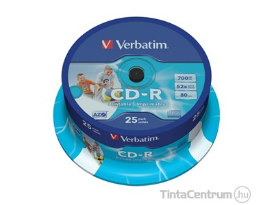 CD-R lemez, nyomtatható, AZO, 700MB, 52x, hengeren, VERBATIM 25db/csomag