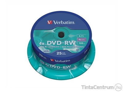 DVD-RW lemez, újraírható, 4,7GB, 4x, hengeren, VERBATIM 25db/csomag