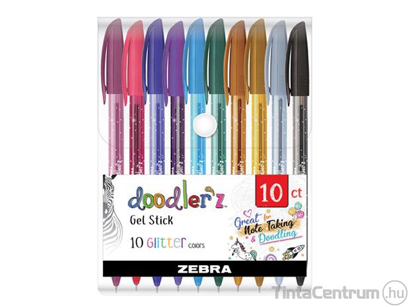 Zseléstoll készlet, 0,33mm, kupakos, ZEBRA "Doodler`z Glitter", 10 csillogó különböző szín