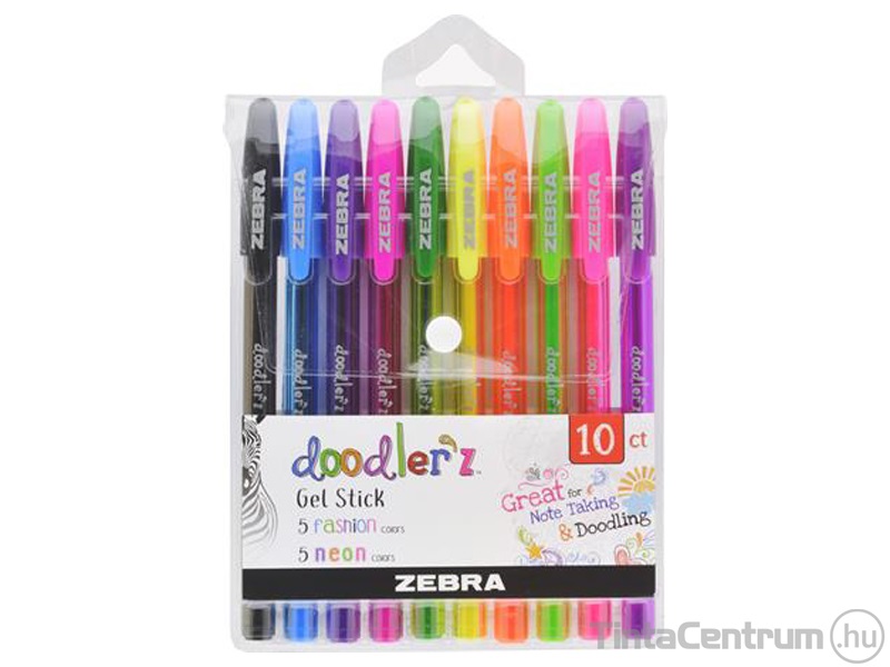 Zseléstoll készlet, 0,33mm, kupakos, ZEBRA "Doodler`z Neon & Fashion", 10 különböző szín